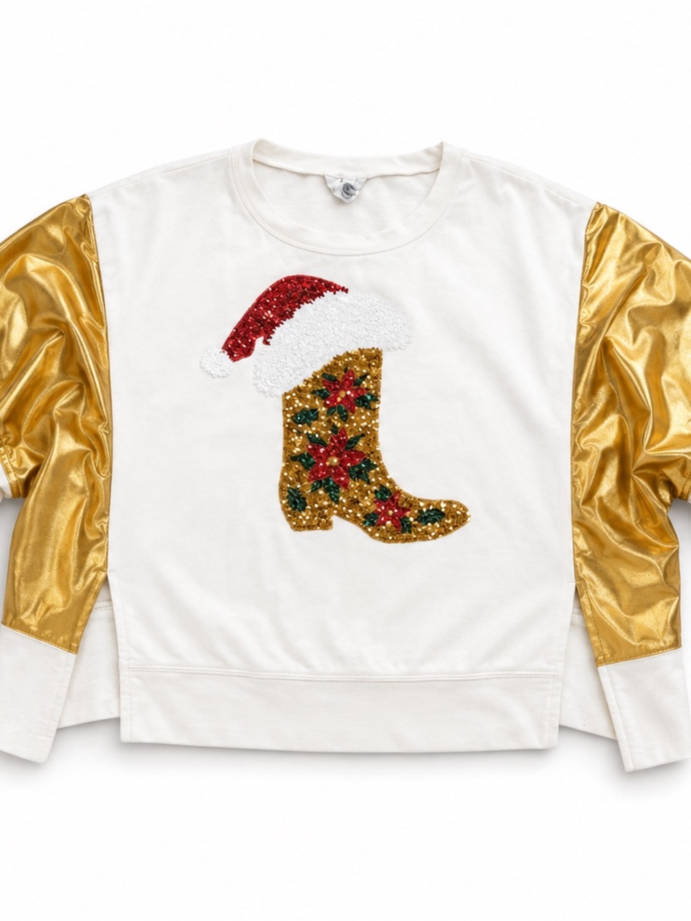 Fantastic Fawn White Sweatshirt with Gold Sleeves and Festive Sequin Boot - Picture 2 of 6